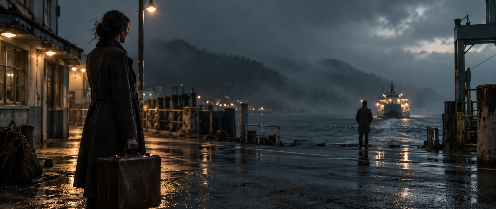 Cinematic reference: a person on a rain-soaked pier with a boat in the distance