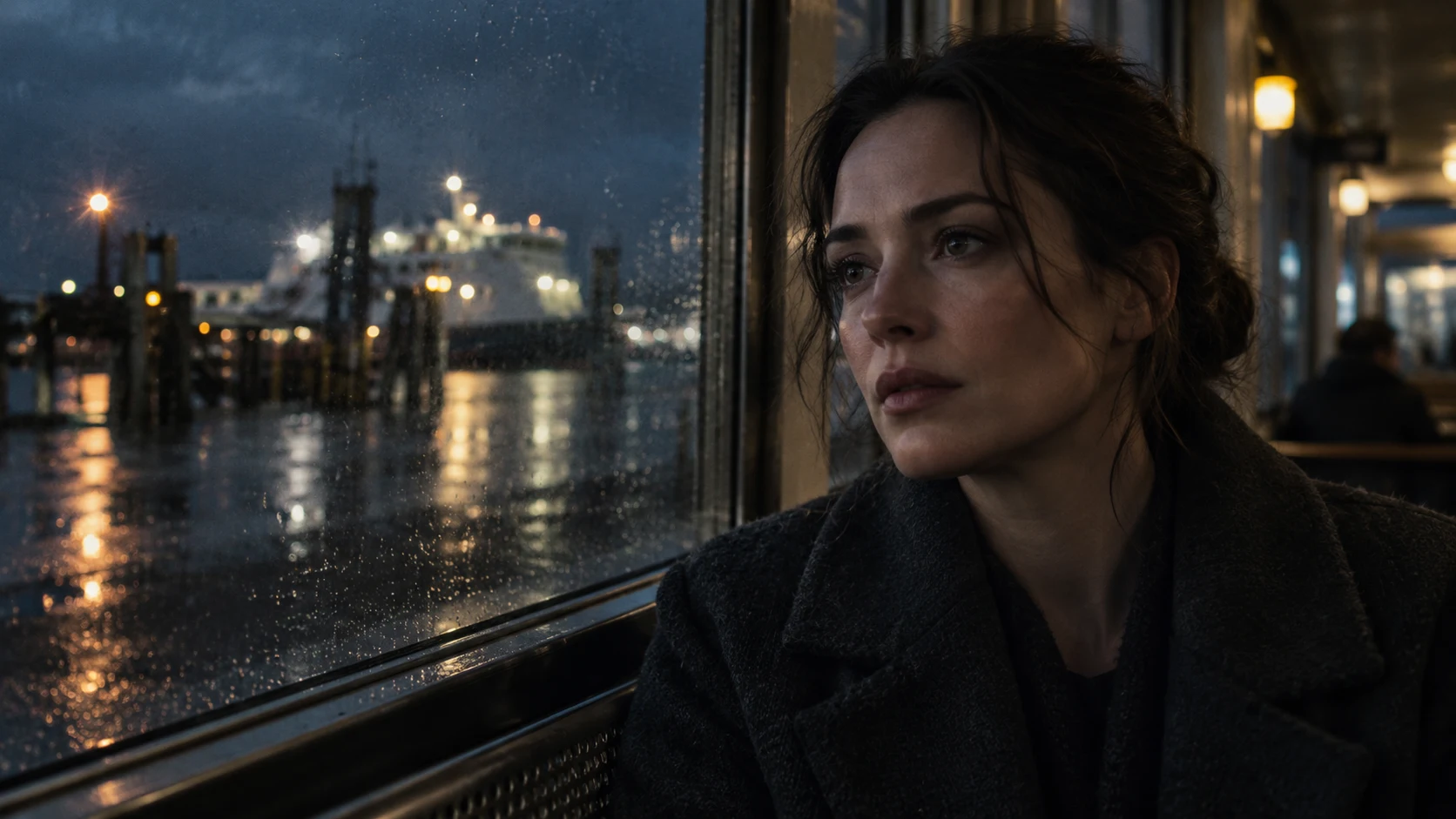 Character reference: a close-up of a woman looking into the distance from a window